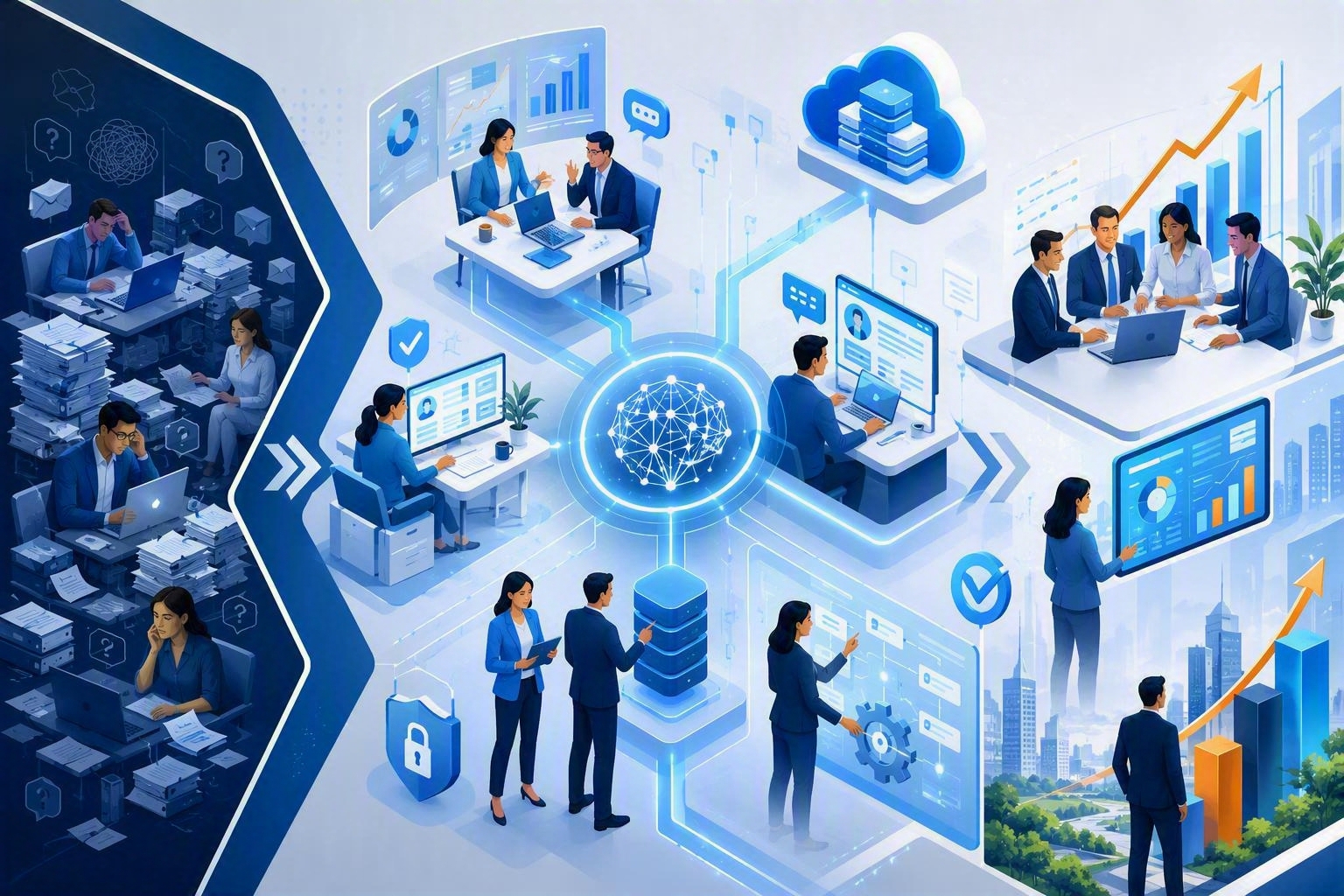 Visual illustration of business teams moving from manual work to connected AI-enabled workflows